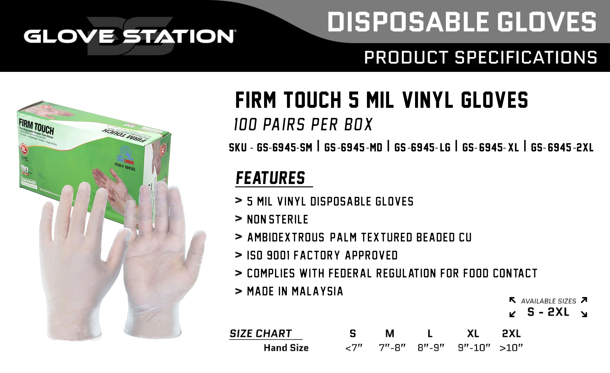 5.0 Mil - Vinyl Gloves - 50 Pairs