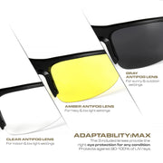 OPTIC MAX TACTICAL SAFETY GLASSES - 3 INTERCHANGEABLE LENSES - CLEAR, AMBER, GRAY ANTI-FOG LENS - 1 PAIR