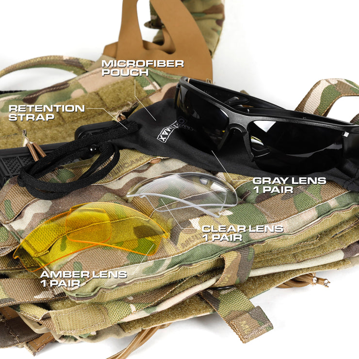 OPTIC MAX TACTICAL SAFETY GLASSES - 3 INTERCHANGEABLE LENSES - CLEAR, AMBER, GRAY ANTI-FOG LENS - 1 PAIR