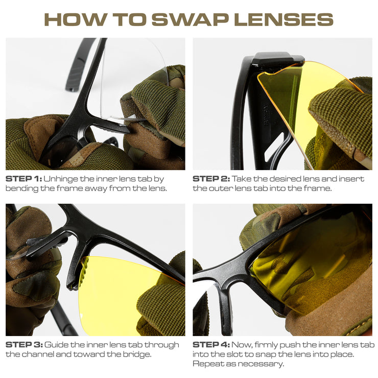 OPTIC MAX TACTICAL SAFETY GLASSES - 3 INTERCHANGEABLE LENSES - CLEAR, AMBER, GRAY ANTI-FOG LENS - 1 PAIR