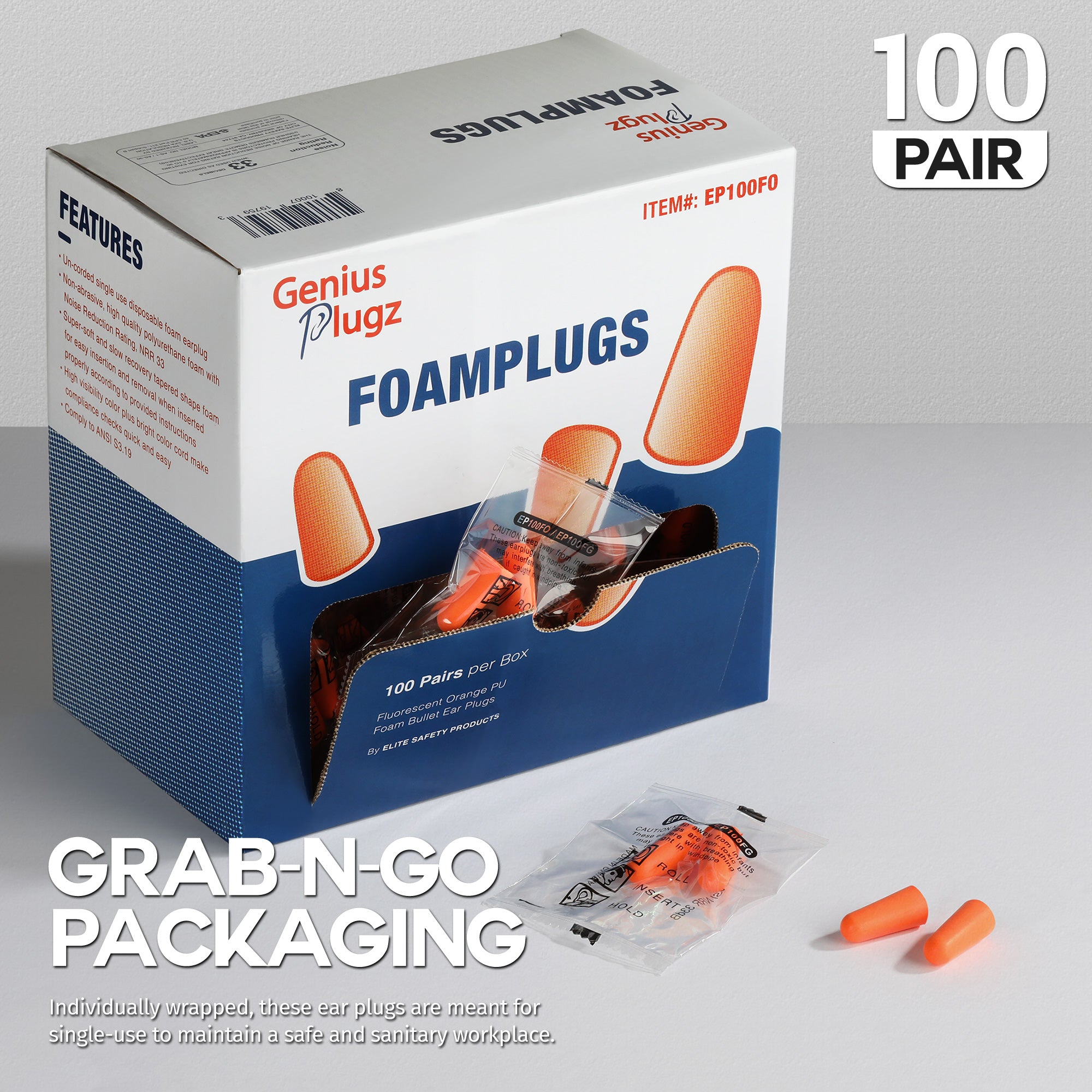 Uncorded Bullet Foam Ear Plugs - Hi-Viz Orange - 100 Pairs