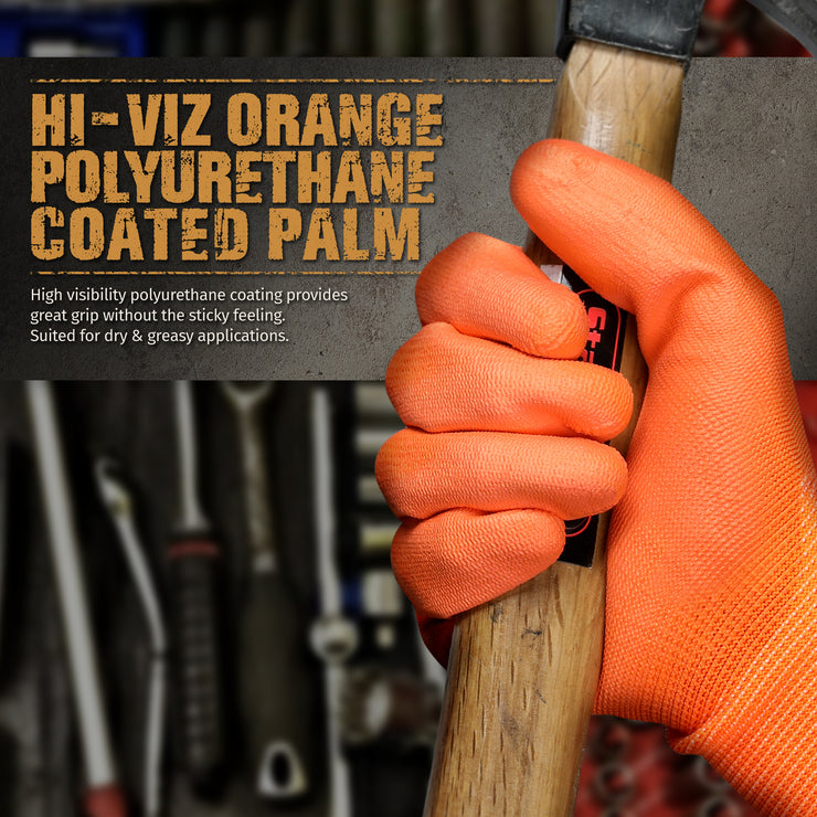 Polyurethane Coated Work Gloves - Hi-Viz Orange - 1 Pair