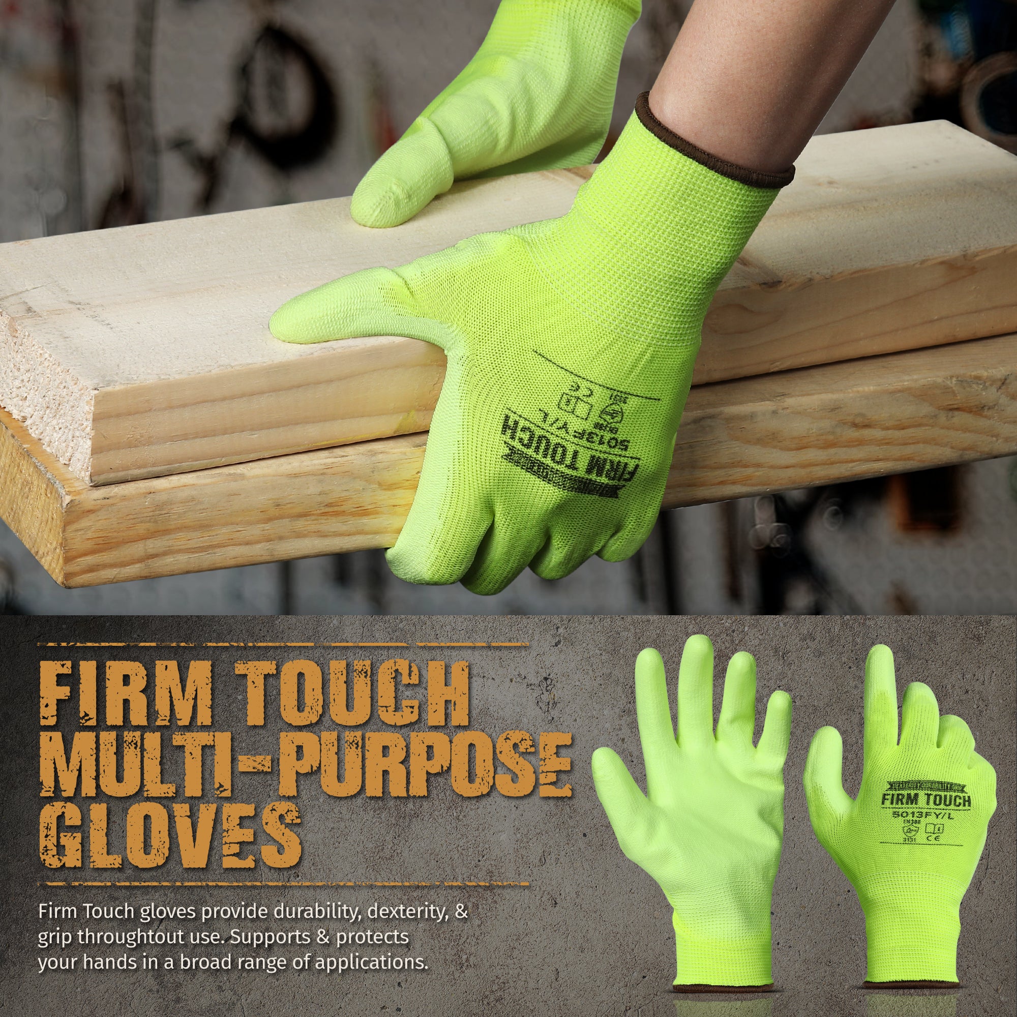 Polyurethane Coated Work Gloves - Hi-Viz Green - 1 Pair