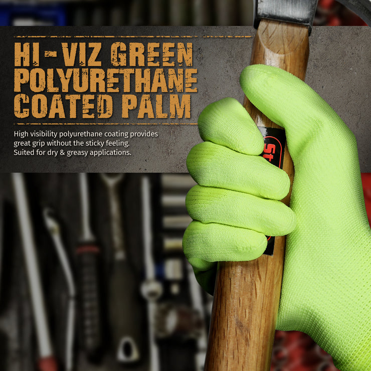 Polyurethane Coated Work Gloves - Hi-Viz Green - 1 Pair