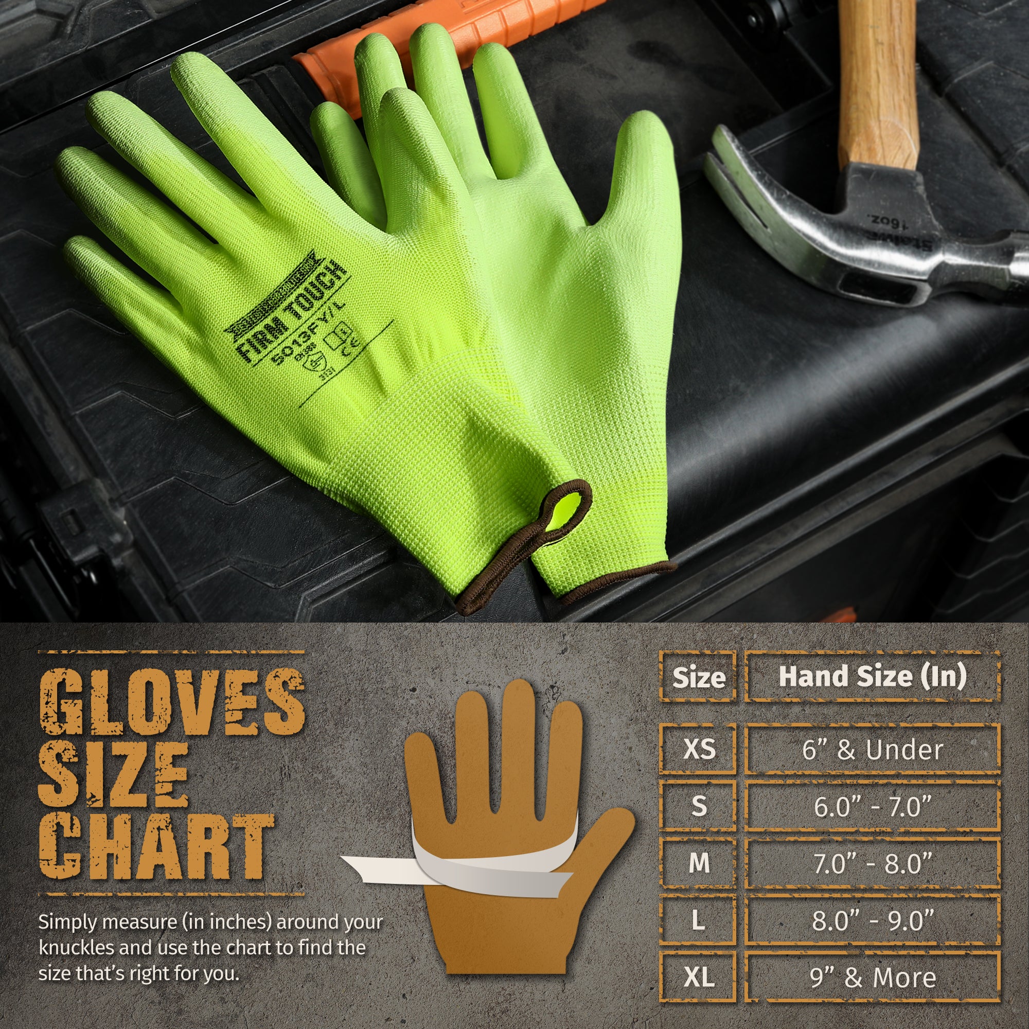 Polyurethane Coated Work Gloves - Hi-Viz Green - 1 Pair