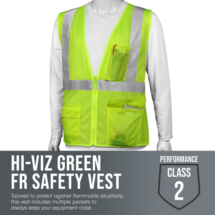 Flame-Resistant Class 2 ANSI Safety Vest - Hi-Viz Green Large